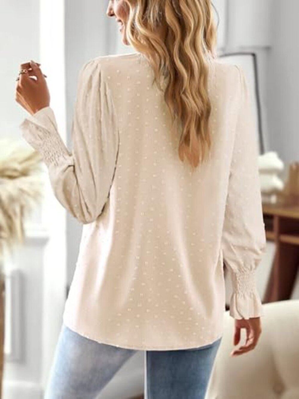 🆕 Boho Tops for Women V Neck Blouses Flowy Swiss Dot Dressy Casual Lace Womens - Picture 3 of 6